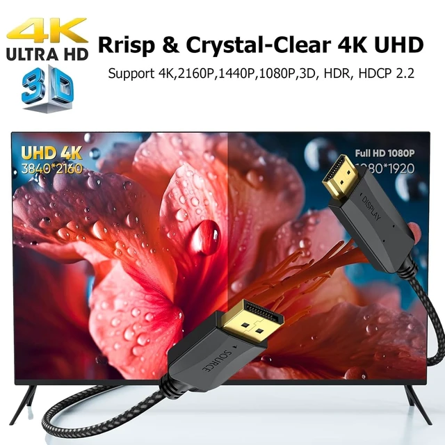 Alt view image 3 of 7 - Thin DisplayPort to HDMI Cable 5-Pack, 3 FT 4K DP to HDMI Display Port Cord Adapter Male to Male Cord (UHD 4K, 2K, 1080P) Gold-Plated Braided Compatible with Dell, HP, Insignia, ASUS, AMD and More