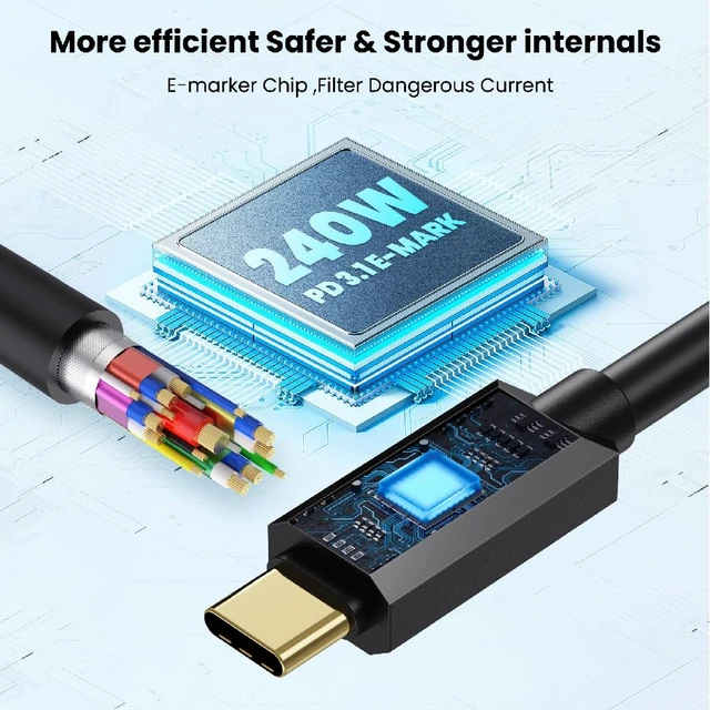 Alt view image 5 of 7 - 3.3ft USB 5.0 Type C Cable, Bidirectional 80Gbps, 240W PD Charging, 16K@60Hz Video, Straight to Up Down Angle Male Cord for Thunderbolt 5/4/3, eGPUs, Support Dual 8K@144Hz Monitor