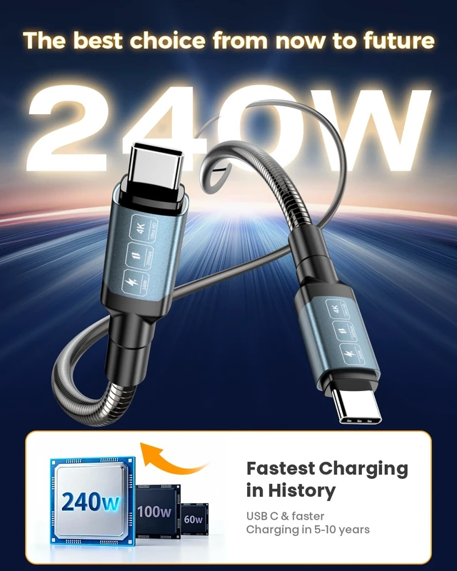 Alt view image 4 of 7 - USB C to USB C Cable 13Ft, 20Gbps Data Transfer, 240W PD Fast Charging, 4K@60Hz Video Support, Chew Proof, Durable Metal, Type C Compatible for iPhone 17, MacBook Pro Air, Portable Monitor
