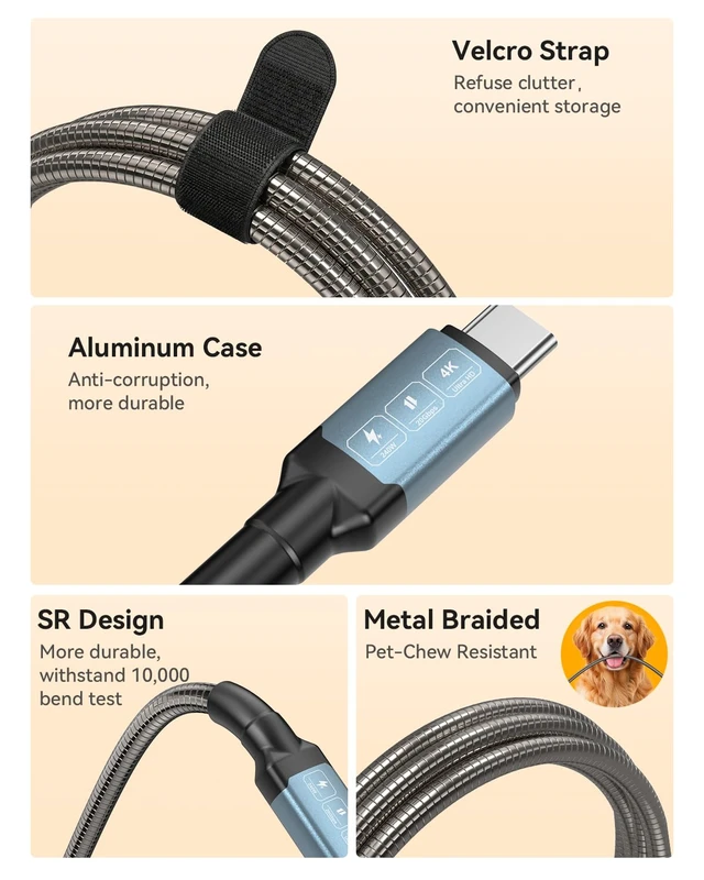 Alt view image 7 of 7 - USB C to USB C Cable 13Ft, 20Gbps Data Transfer, 240W PD Fast Charging, 4K@60Hz Video Support, Chew Proof, Durable Metal, Type C Compatible for iPhone 17, MacBook Pro Air, Portable Monitor