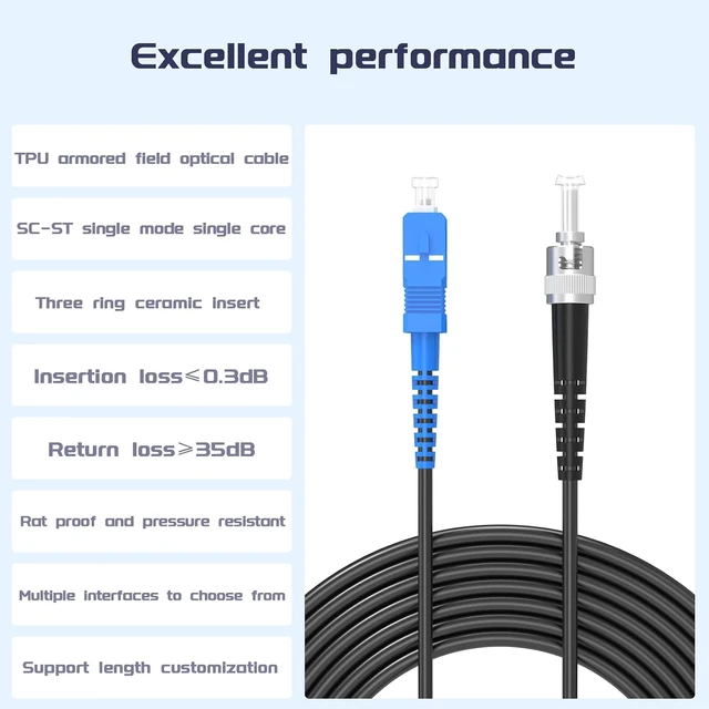 Alt view image 2 of 7 - Outdoor Armored Fiber Optic Cable, SC/UPC to ST/UPC SingleMode Simplex - 9/125µm Jumper Optical Patch Cord, TPU Black Low Friction(295ft/90Meters)