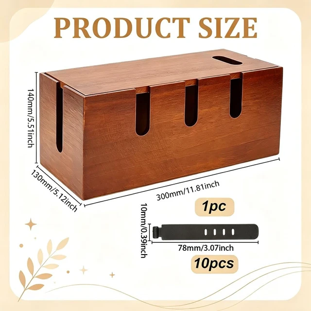 Alt view image 2 of 5 - 1 Pc Large Wood Cable Management Box with Lid, Power Strip Box Hider with 10 Pcs Adjustable Plastic Cable Ties for Desk Cord Hider and Power Strip Storage