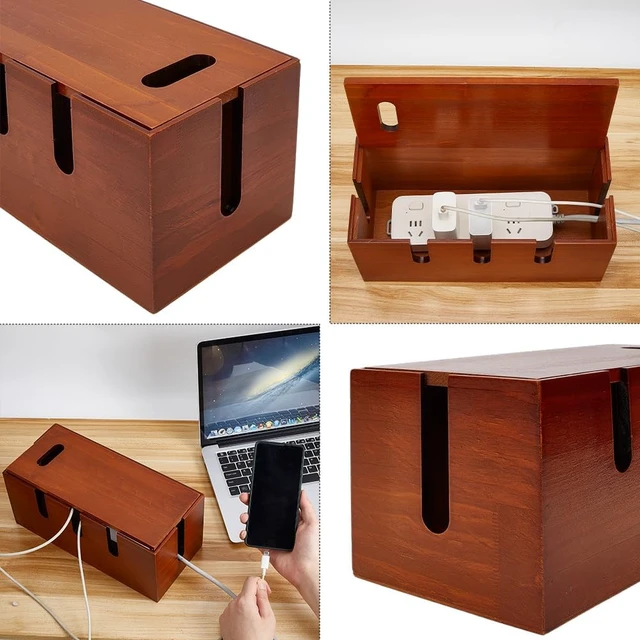 Alt view image 3 of 5 - 1 Pc Large Wood Cable Management Box with Lid, Power Strip Box Hider with 10 Pcs Adjustable Plastic Cable Ties for Desk Cord Hider and Power Strip Storage