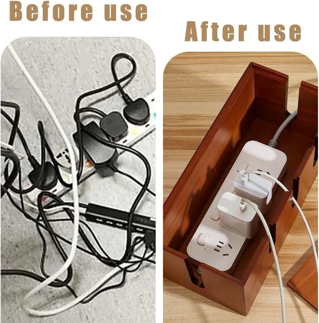 Alt view image 4 of 5 - 1 Pc Large Wood Cable Management Box with Lid, Power Strip Box Hider with 10 Pcs Adjustable Plastic Cable Ties for Desk Cord Hider and Power Strip Storage