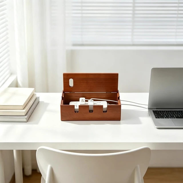 Alt view image 5 of 5 - 1 Pc Large Wood Cable Management Box with Lid, Power Strip Box Hider with 10 Pcs Adjustable Plastic Cable Ties for Desk Cord Hider and Power Strip Storage
