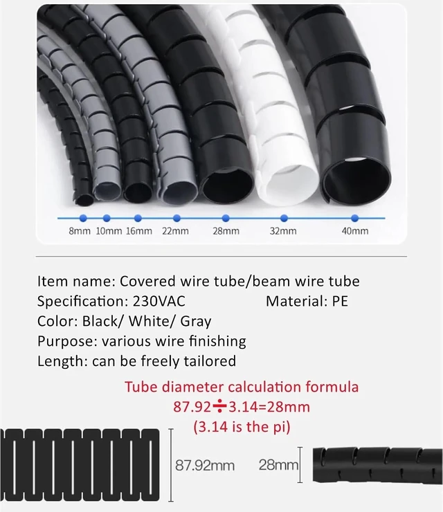Alt view image 5 of 6 - 1/3/5/10M 8/12/16/22/28/32/42mm Line Flexible Spiral Cable Organizer Storage Pipe Cord Protector Management Cable Tube(White,40 mm,5 Meters)