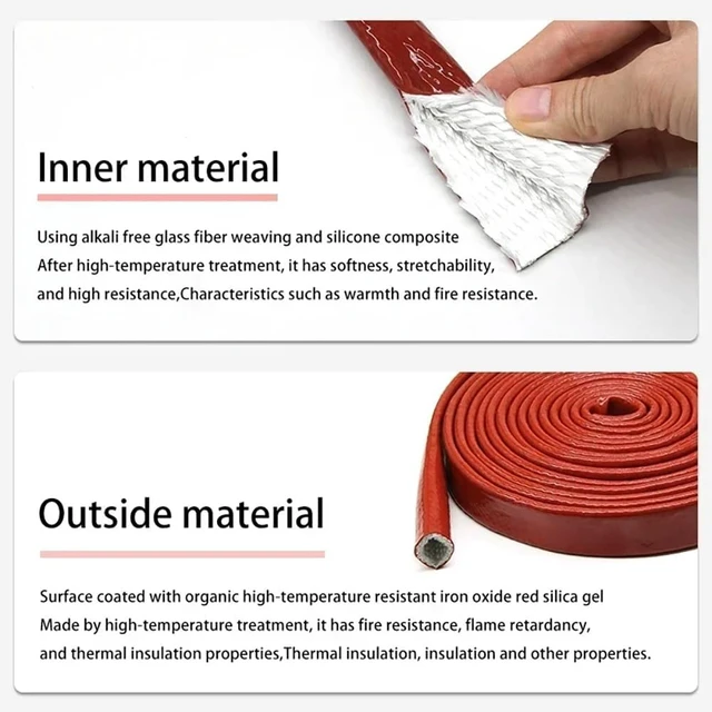 Alt view image 3 of 6 - 1pcs 5 Meter Fire Retardant Fiberglass Sleeve - Silicone Coated 4-30mm for Wiring/Cables, 300°C, Red/Black(Red,4mm)