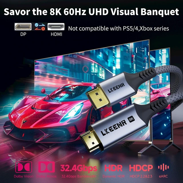 Alt view image 2 of 7 - DisplayPort to HDMI Cable 10ft, Uni Directional, 8K@60Hz, 4K@240Hz