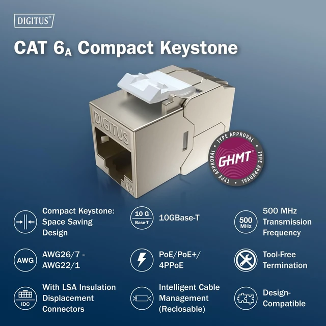 Alt view image 2 of 7 - DIGITUS Cat-6A Shielded Keystone Module - Pack of 4 - Compact Version - RJ45 Female - 500MHz 10GBase-T - AWG 26-22 - Designable - With Cable Tie - Tool Free Installation
