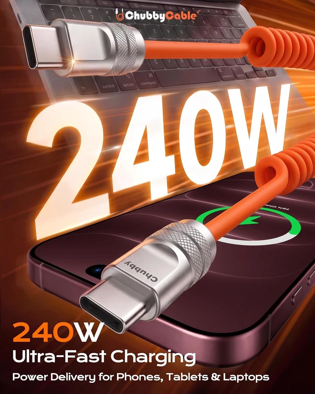 Alt view image 3 of 7 - chubbycable Coiled USB C Cable 240H Sag-Free Charging Cable, 1 Pack, Orange