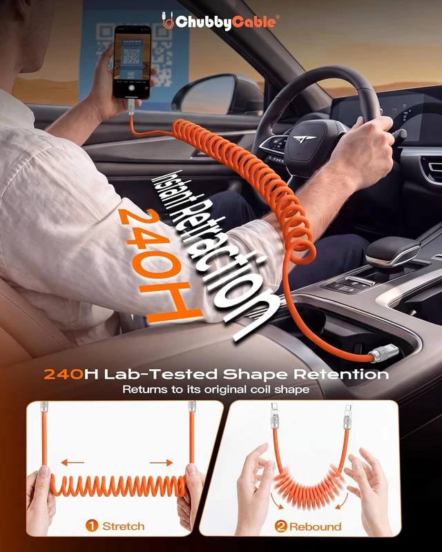 Alt view image 4 of 7 - chubbycable Coiled USB C Cable 240H Sag-Free Charging Cable, 1 Pack, Orange