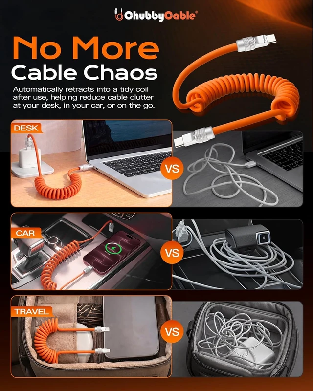 Alt view image 5 of 7 - chubbycable Coiled USB C Cable 240H Sag-Free Charging Cable, 1 Pack, Orange