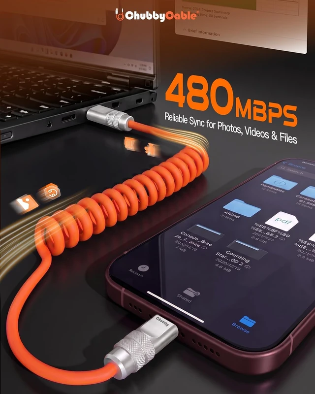 Alt view image 6 of 7 - chubbycable Coiled USB C Cable 240H Sag-Free Charging Cable, 1 Pack, Orange