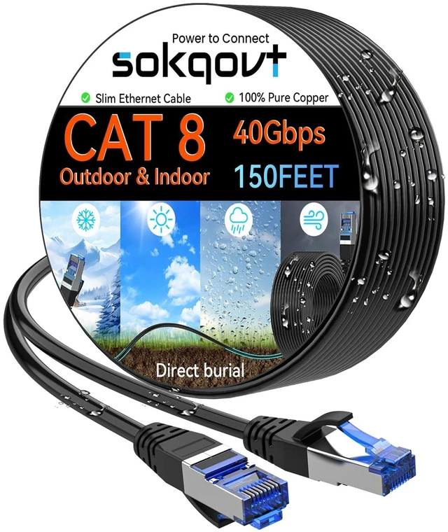 Main image of Sokqovt Cat 8 Ethernet Cable Slim 150ft Outdoor&Indoor, Pure Copper Cat8 Internet Cable for Waterproof & Direct Burial, Flexible Cat8 Ethernet Cable 40G 2000MHZ, Cat 8 Network Cable for Indoor Black