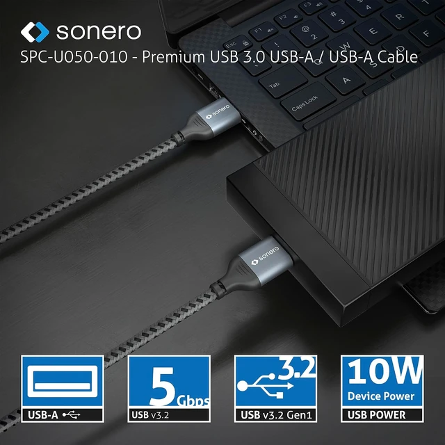 Alt view image 5 of 6 - Sonero® USB-A to USB-A Data Cable, Connection Cable, USB Cable Type A, USB 3.0, 5GB/s, Space Grey/Black, 1.50 m