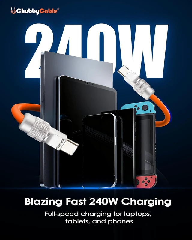 Alt view image 3 of 7 - chubbycable Short USB C to C Cable 240W Charging Cable, Orange, 20 inch
