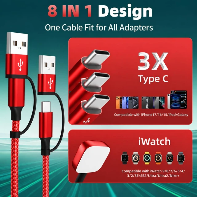 Alt view image 3 of 3 - MPATIBY Multi Charging Cable, Multi Packs Charger Cable Nylon Braided Multiple USB Cable Universal Phone Charging Cord with Type-C, Micro USB, IP Port for iPhone16/15 Series/Cell Phones and More