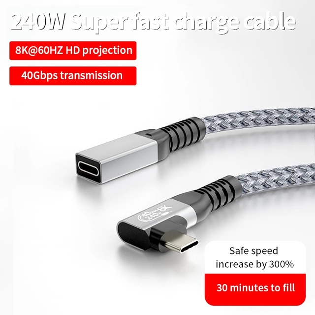 Alt view image 3 of 7 - USB4 Extension Cable with High Speed 40Gbps Data, Right Angle USB 4 Male to Female Cable 90 Degree, Thunderbolt 4/3 Short Extender Cord 240W Fast Charging Data 8K@60Hz Display 0.65FT