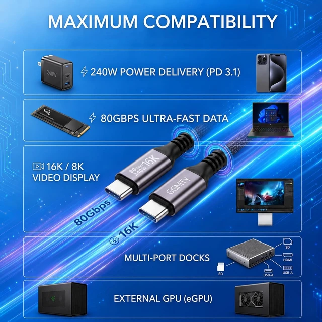 Alt view image 6 of 7 - 1.5m (5ft) USB 4 Cable, Max 240W PD 3.1 Fast Charging, 80Gbps Data, 16K@60Hz Video, Compatible with Thunderbolt 5/4/3 Ports, Mac mini M4, MacBook Pro, iPad, iPhone 16/15 and eGPUs