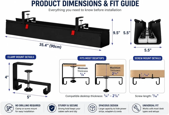 Alt view image 4 of 7 - Under Desk Cable Management Tray, 90CM Extra Large, No-Drill Clamp Mount Cable Organizer, Hide Power Strips, Adapters & Wires, Easy Access Fabric Cable Basket for Standing Desks & Home Offices