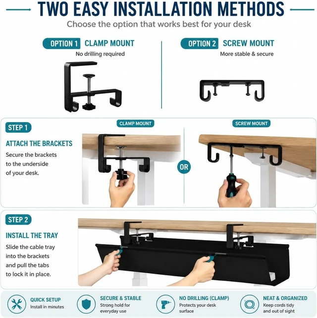 Alt view image 3 of 7 - Under Desk Cable Management Tray, 90CM Extra Large, No-Drill Clamp Mount Cable Organizer, Hide Power Strips, Adapters & Wires, Easy Access Fabric Cable Basket for Standing Desks & Home Offices