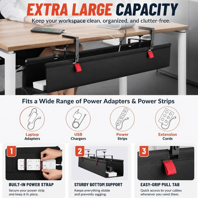 Alt view image 5 of 7 - Under Desk Cable Management Tray, 90CM Extra Large, No-Drill Clamp Mount Cable Organizer, Hide Power Strips, Adapters & Wires, Easy Access Fabric Cable Basket for Standing Desks & Home Offices