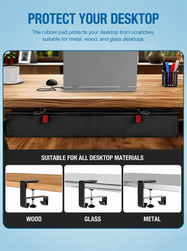 Alt view image 6 of 7 - Under Desk Cable Management Tray, 90CM Extra Large, No-Drill Clamp Mount Cable Organizer, Hide Power Strips, Adapters & Wires, Easy Access Fabric Cable Basket for Standing Desks & Home Offices