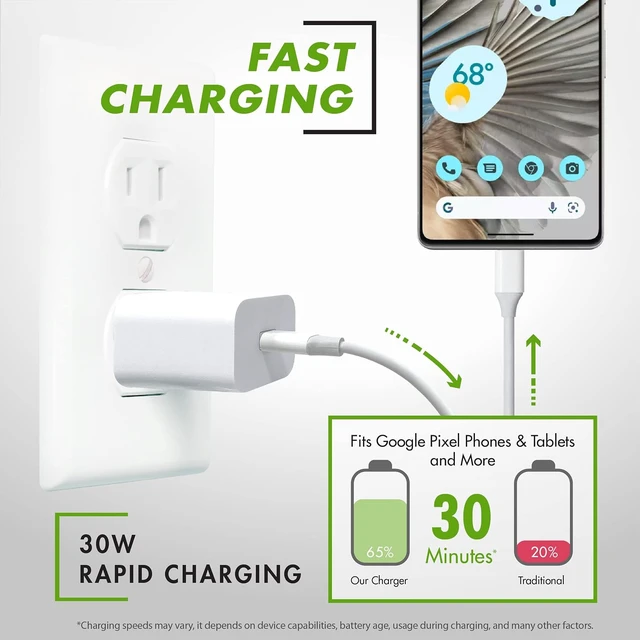 Alt view image 2 of 6 - Type C Charger USB-C Fast Charger and Cable Compatible with Google Products and Other USB-C Devices (2-Pack)
