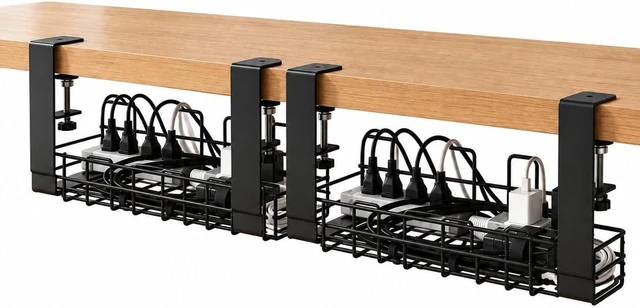 Main image of Under Desk Cable Management Tray 2 Pack, No Drill, Clamp Mount, Black
