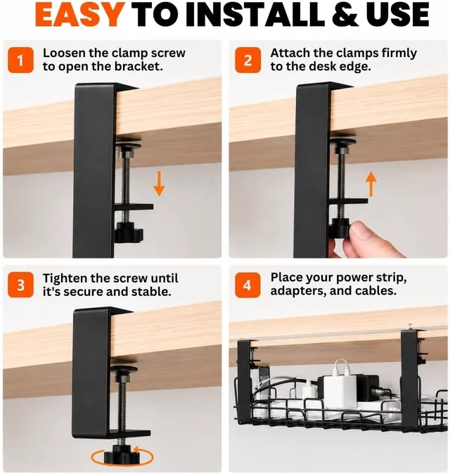 Alt view image 3 of 7 - Under Desk Cable Management Tray 2 Pack, No Drill, Clamp Mount, Black