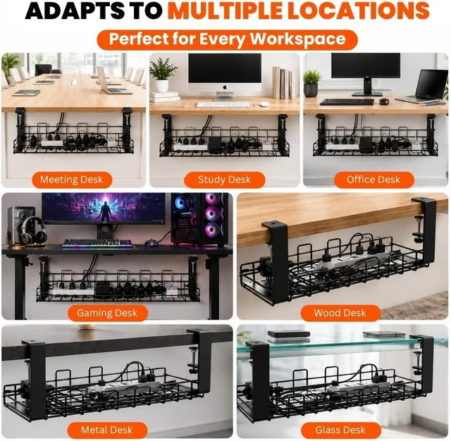 Alt view image 6 of 7 - Under Desk Cable Management Tray 2 Pack, No Drill, Clamp Mount, Black