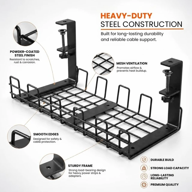 Alt view image 2 of 7 - Under Desk Cable Management Tray 2 Pack, No Drill, Clamp Mount, Black