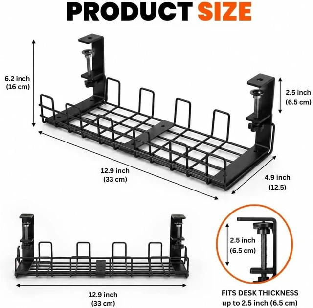 Alt view image 4 of 7 - Under Desk Cable Management Tray 2 Pack, No Drill, Clamp Mount, Black