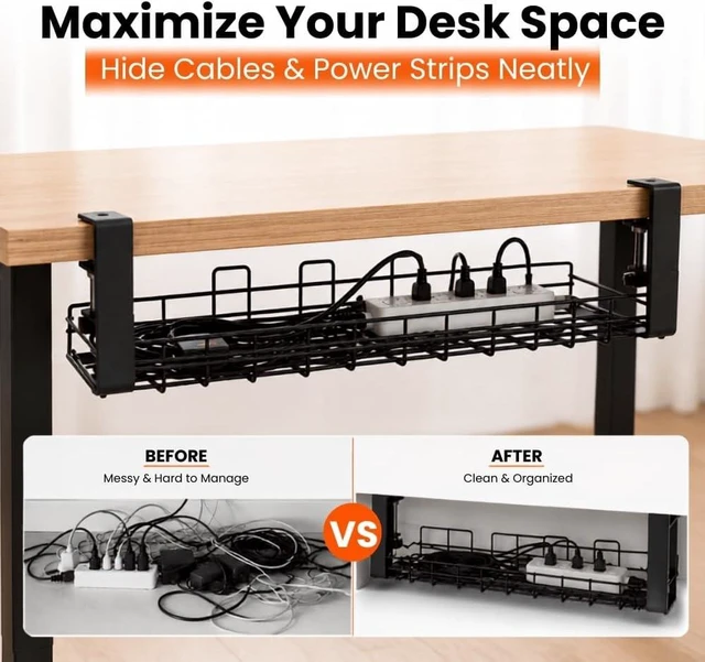 Alt view image 5 of 7 - Under Desk Cable Management Tray 2 Pack, No Drill, Clamp Mount, Black