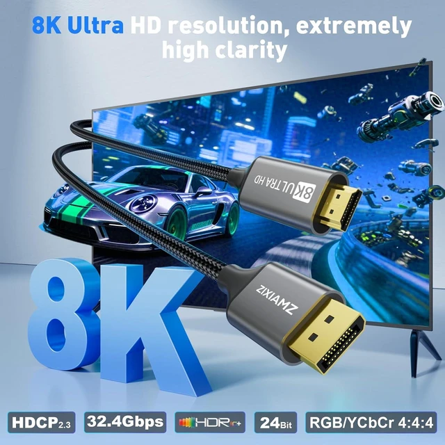 Alt view image 2 of 7 - 8K Active DisplayPort 1.4 to HDMI 2.1 Cable 10FT 8K@60Hz 4k@240Hz