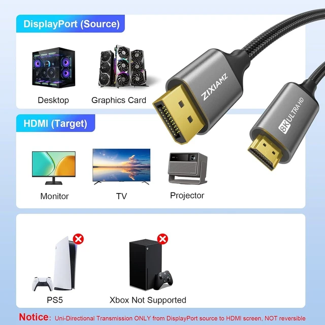 Alt view image 7 of 7 - 8K Active DisplayPort 1.4 to HDMI 2.1 Cable 10FT 8K@60Hz 4k@240Hz