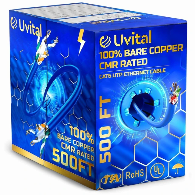 Main image of Uvital Cat6 CMR Rated Ethernet Cable 500ft, 23AWG Solid Copper, PoE++
