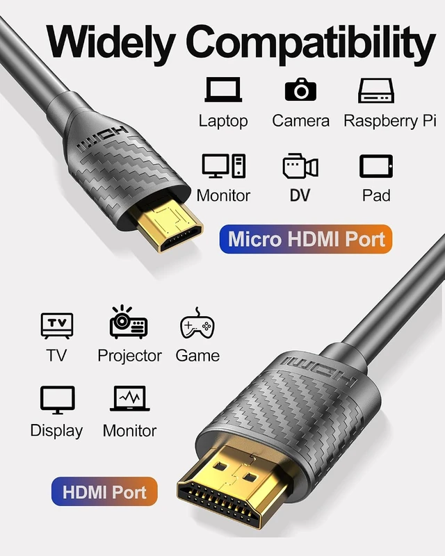 Alt view image 4 of 7 - Micro HDMI to HDMI Cable 4K 60Hz, MicroHDMI Adapter Cord for Raspberry Pi 5 4, Camera, GoPro Hero 7 6 5, Lenovo Yoga, HDTV, Monitor, Canon/Nikon/Sony HDR Video & Audio Capture Card - Long 2m