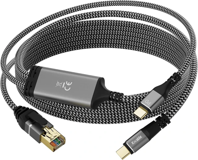Main image of USB C to Ethernet Cable 15 FT, Type C to RJ45 Cord with USB-C Male 100W PD Fast Charging (PD Next to USB-C Port), Ethernet and Charging Two in One, Gigabit, for Macbook Surfing Internet and Charging
