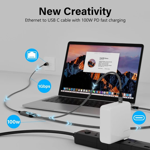 Alt view image 2 of 7 - USB C to Ethernet Cable 15 FT, Type C to RJ45 Cord with USB-C Male 100W PD Fast Charging (PD Next to USB-C Port), Ethernet and Charging Two in One, Gigabit, for Macbook Surfing Internet and Charging