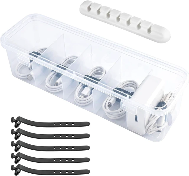 Main image of Charging Cord Storage Organizer- 5 Compartments Charging Cord Organizer Box, with 5 Cable Ties and 1 Cable Clip,for Home Office Desk