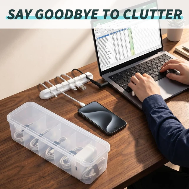 Alt view image 7 of 7 - Charging Cord Storage Organizer- 5 Compartments Charging Cord Organizer Box, with 5 Cable Ties and 1 Cable Clip,for Home Office Desk