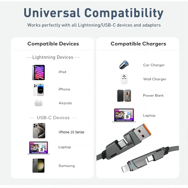 Alt view image 3 of 7 - USB C Cable,4 in 1 Multi Charger Cable,USB C Adapter Cable,USB C to L-Port Charger Cord for iPhone/iPad/MacBook/Airpods/Samsung and All USB C and L-Port Devices.