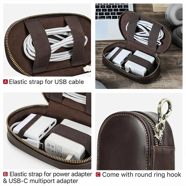 Alt view image 3 of 7 - CONTACTS Full Grain Leather Electronics Organizer Small Cable Bag Handmade Tech Pouch Travel Organizer for Cable, Charger Cord