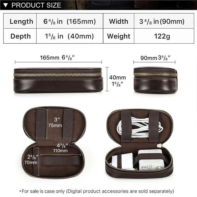 Alt view image 4 of 7 - CONTACTS Full Grain Leather Electronics Organizer Small Cable Bag Handmade Tech Pouch Travel Organizer for Cable, Charger Cord