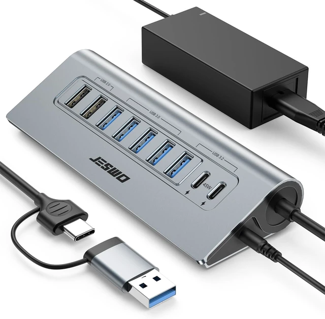 Main image of JESWO 9-Port Aluminum Powered USB 3.2/USB C Hub, 7 USB+2 USB-C 3.2 Ports