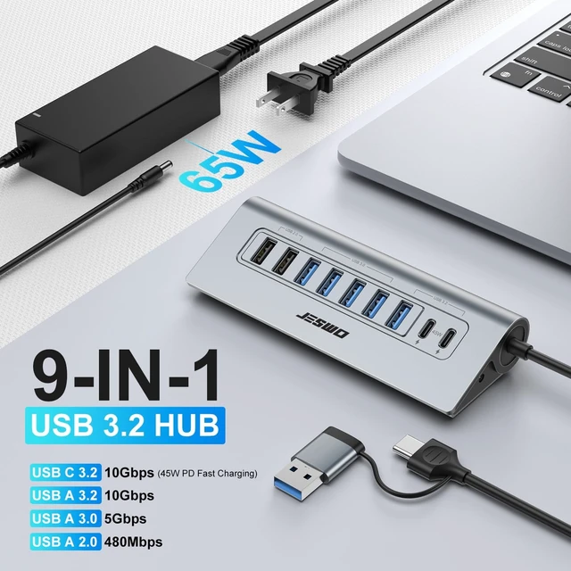 Alt view image 2 of 7 - JESWO 9-Port Aluminum Powered USB 3.2/USB C Hub, 7 USB+2 USB-C 3.2 Ports