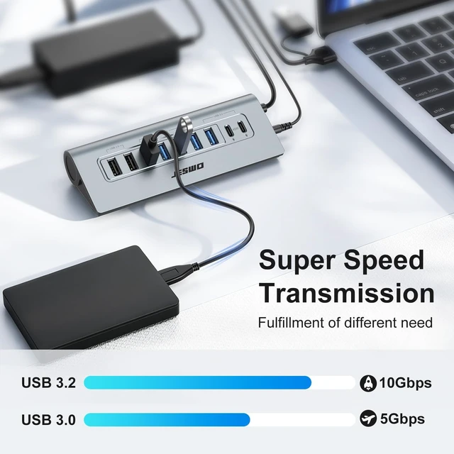 Alt view image 4 of 7 - JESWO 9-Port Aluminum Powered USB 3.2/USB C Hub, 7 USB+2 USB-C 3.2 Ports