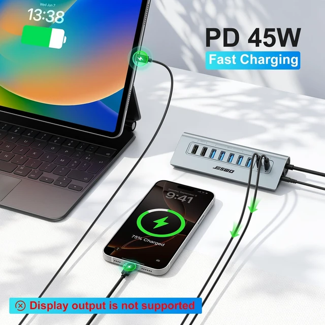 Alt view image 3 of 7 - JESWO 9-Port Aluminum Powered USB 3.2/USB C Hub, 7 USB+2 USB-C 3.2 Ports