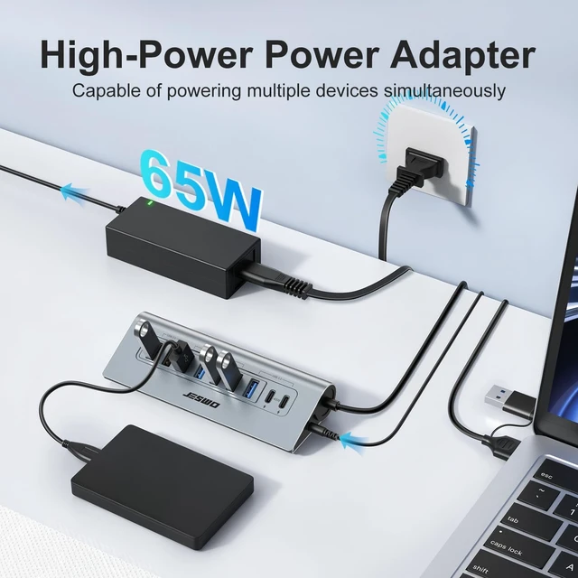 Alt view image 5 of 7 - JESWO 9-Port Aluminum Powered USB 3.2/USB C Hub, 7 USB+2 USB-C 3.2 Ports